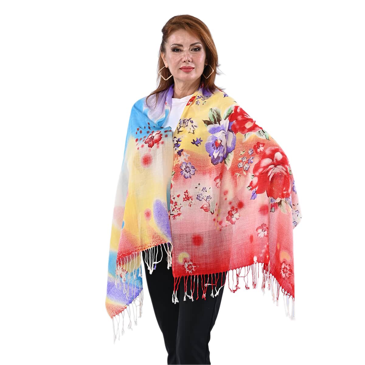 PASSAGE Multi Color Flower Pattern Print 100% Wool Scarf with Tassels image number 0