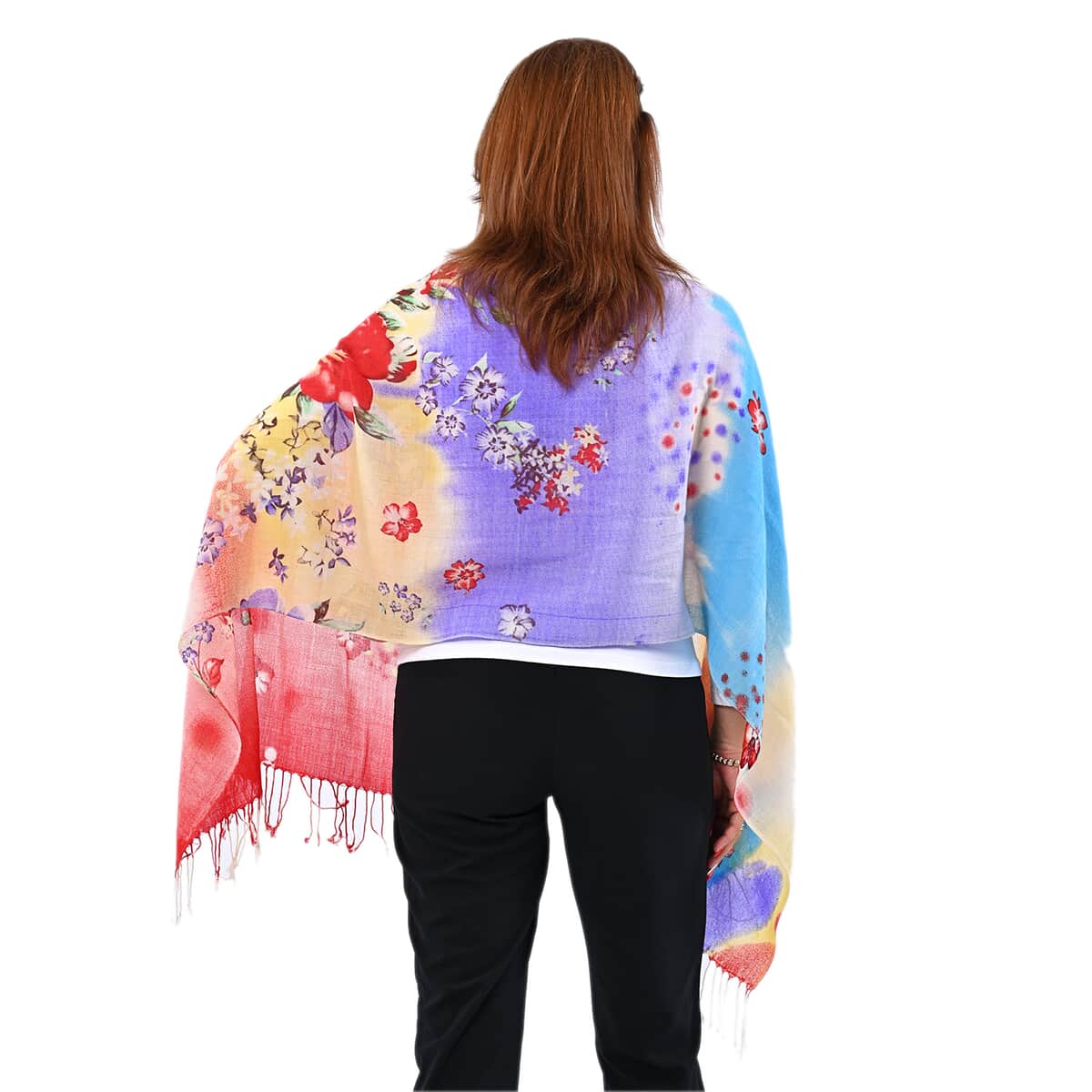 PASSAGE Multi Color Flower Pattern Print 100% Wool Scarf with Tassels image number 1