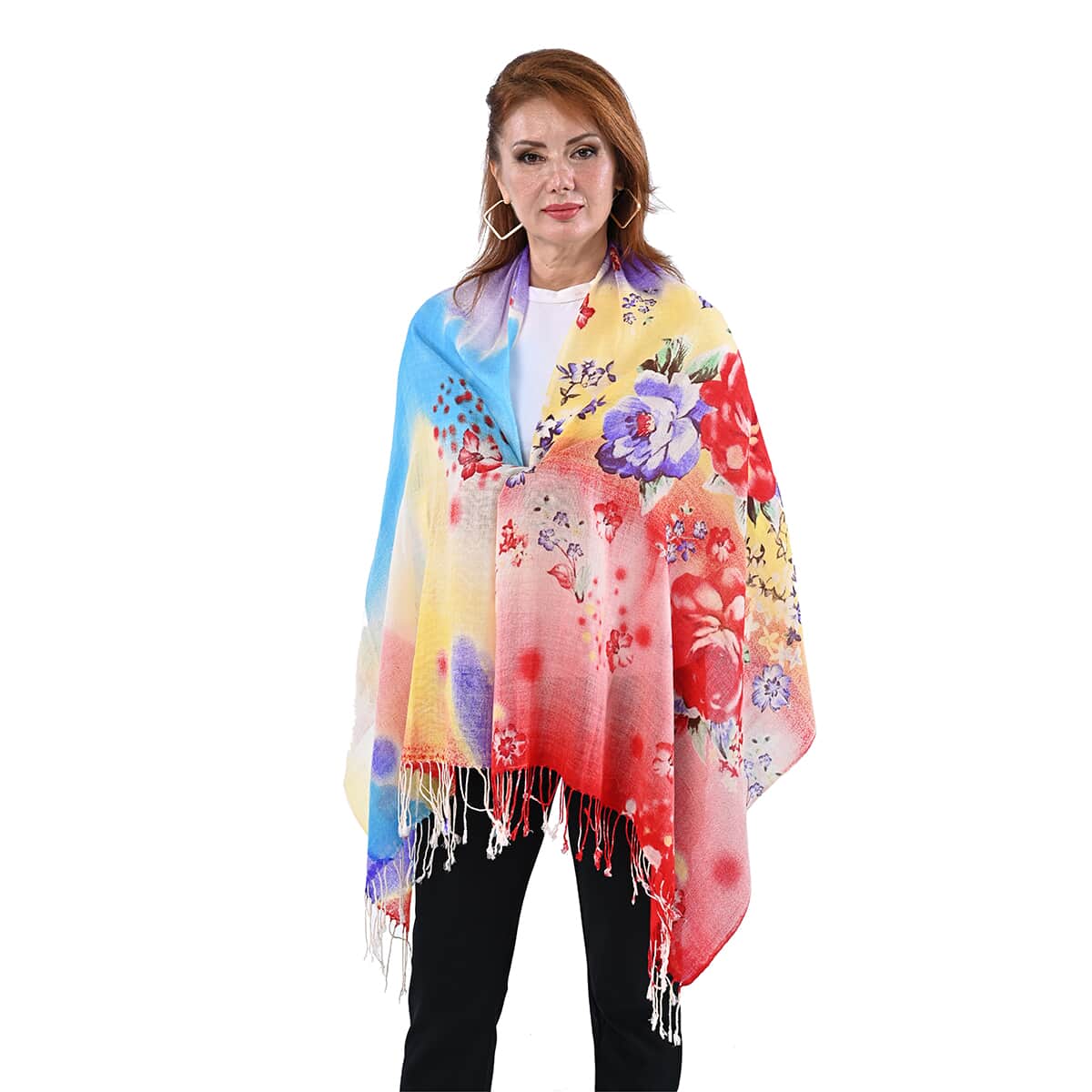 PASSAGE Multi Color Flower Pattern Print 100% Wool Scarf with Tassels image number 2