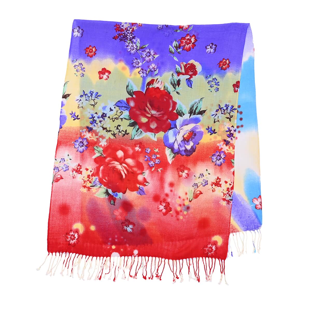 PASSAGE Multi Color Flower Pattern Print 100% Wool Scarf with Tassels image number 3