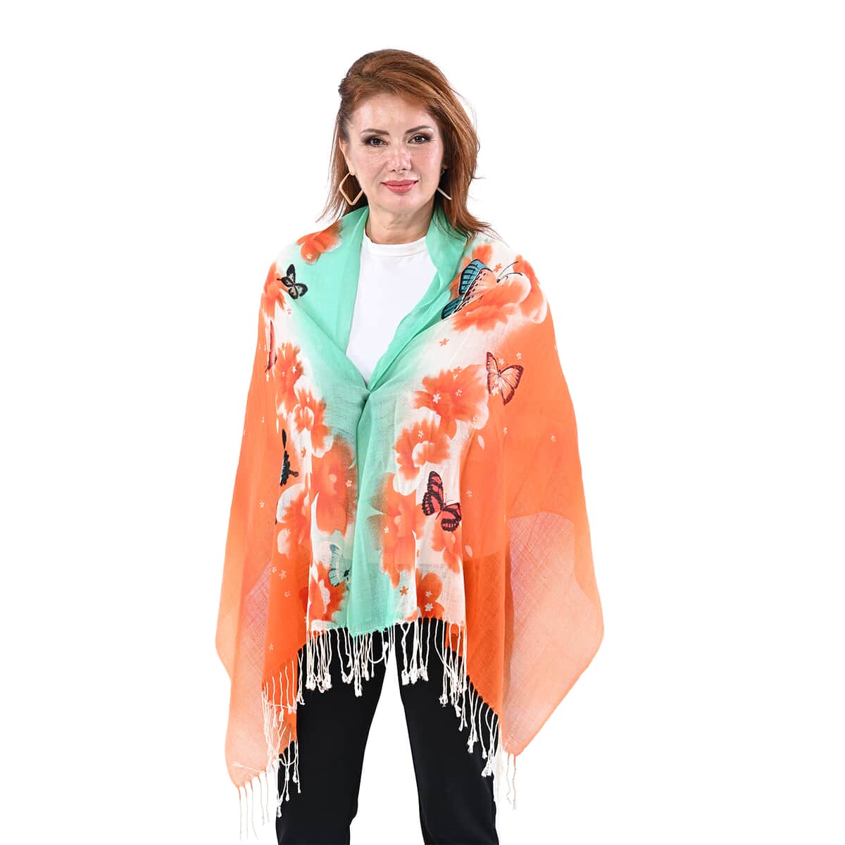 PASSAGE Green with Orange Flower and Butterfly Print 100% Wool Scarf with Tassels image number 0