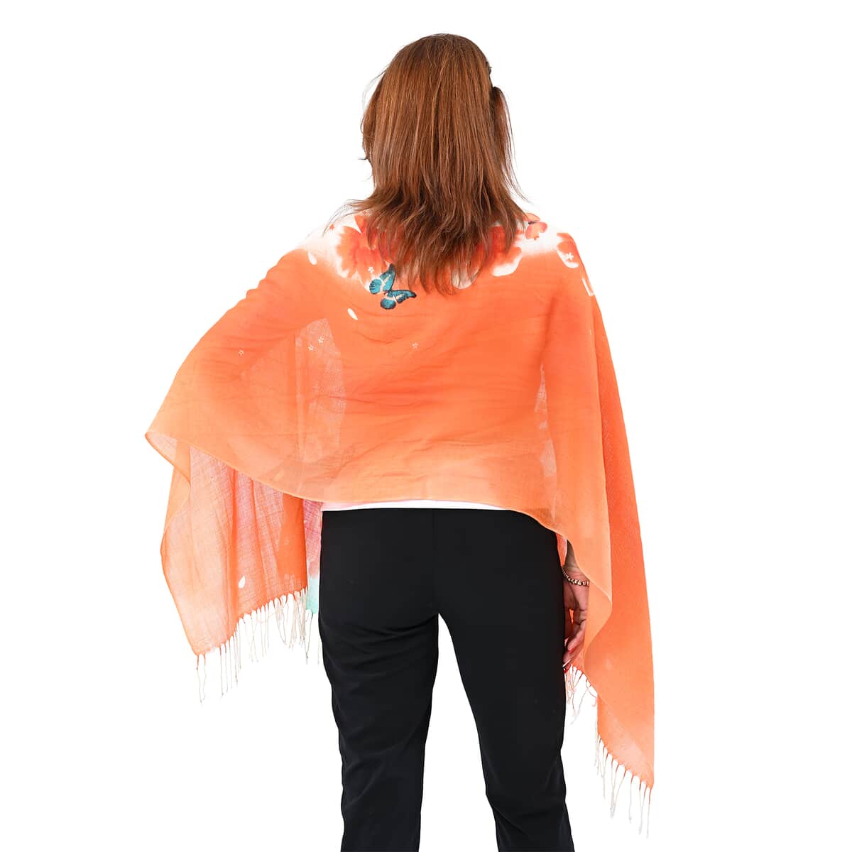 PASSAGE Green with Orange Flower and Butterfly Print 100% Wool Scarf with Tassels image number 1