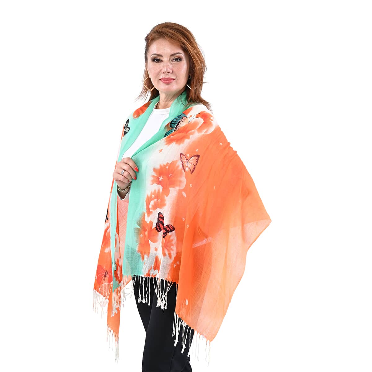 PASSAGE Green with Orange Flower and Butterfly Print 100% Wool Scarf with Tassels image number 2