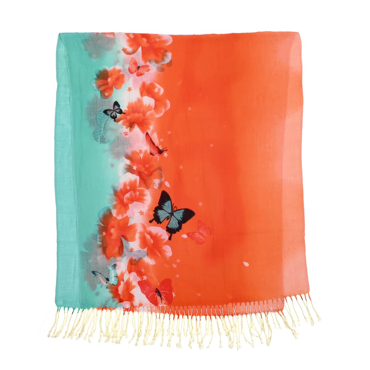 PASSAGE Green with Orange Flower and Butterfly Print 100% Wool Scarf with Tassels image number 3