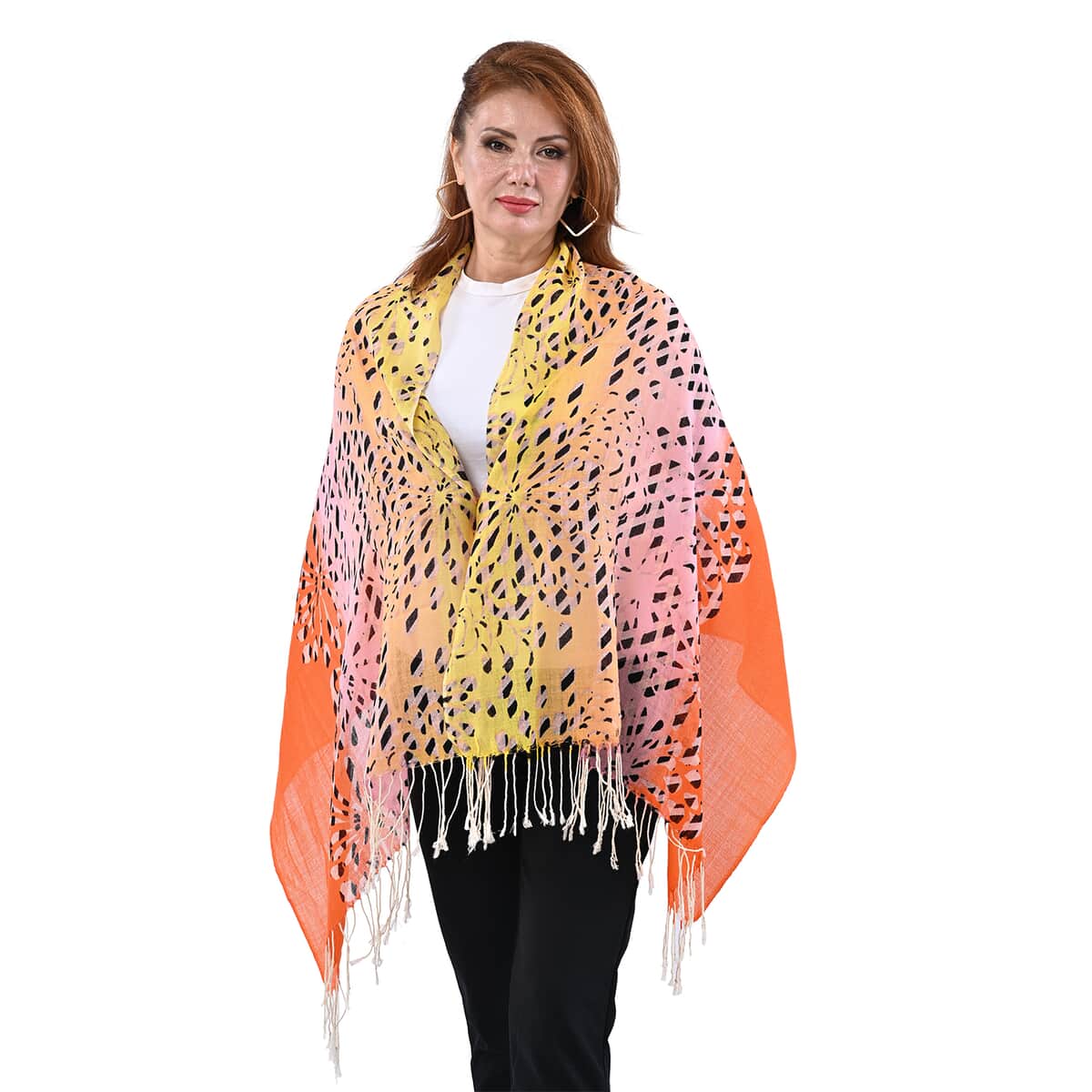 Passage Yellow with Orange Floral Print 100% Wool Scarf with Tassels image number 0