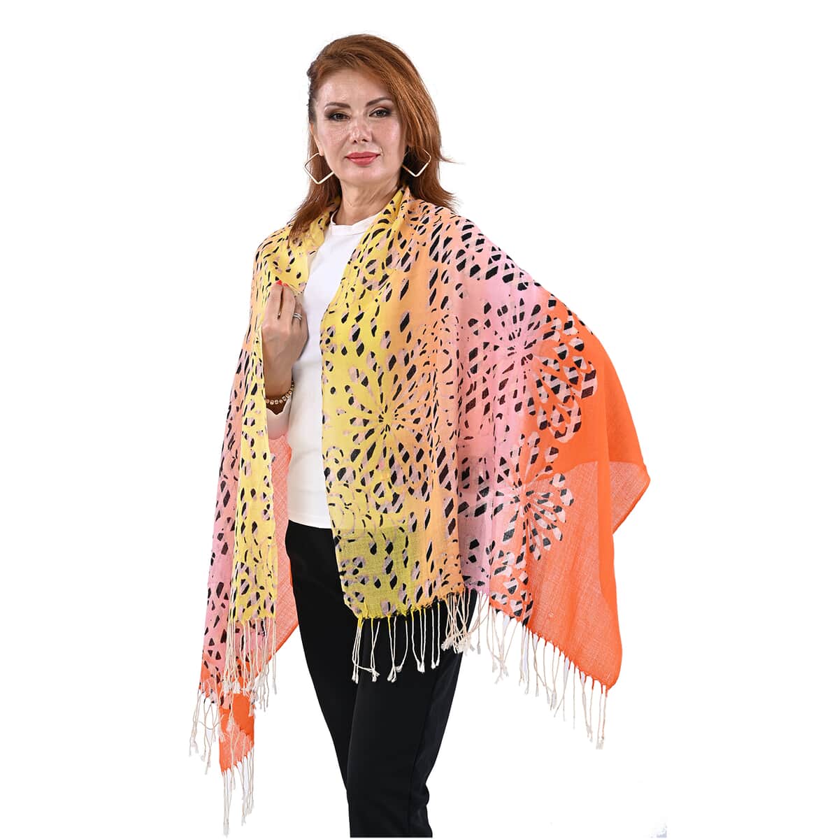 Passage Yellow with Orange Floral Print 100% Wool Scarf with Tassels image number 2