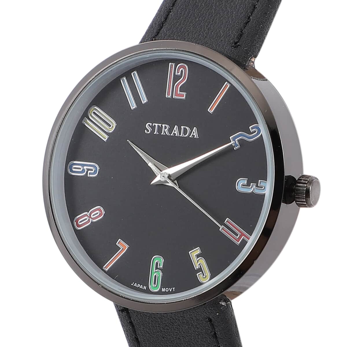 STRADA Japanese Movement Water Resistant Watch with Black Faux Leather Band image number 3