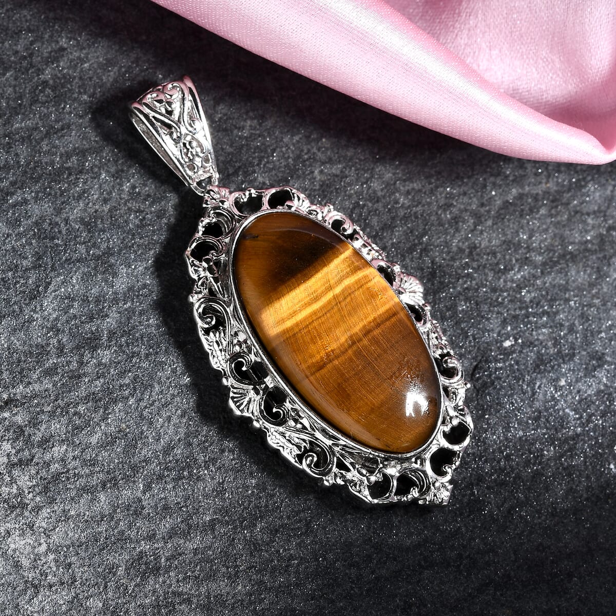 Tiger's Eye Solitaire Pendant in Platinum Over Copper with Magnet 21.80 ctw image number 1