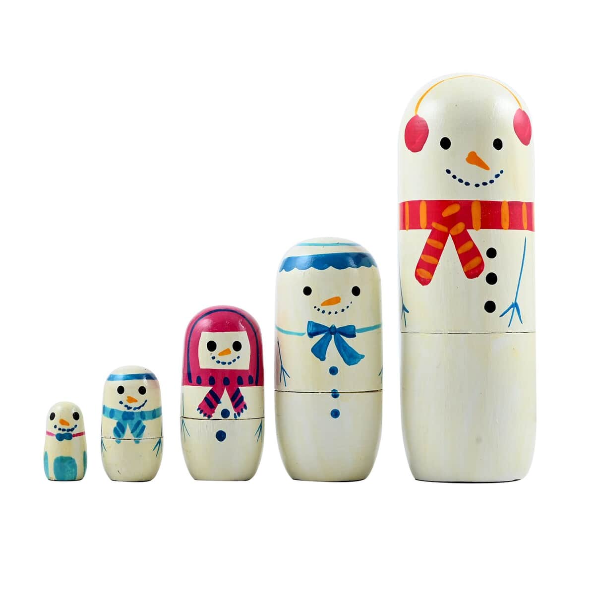 Set of 5 Multi Color Snowman Family Hand Painted Nesting Wooden Dolls image number 0