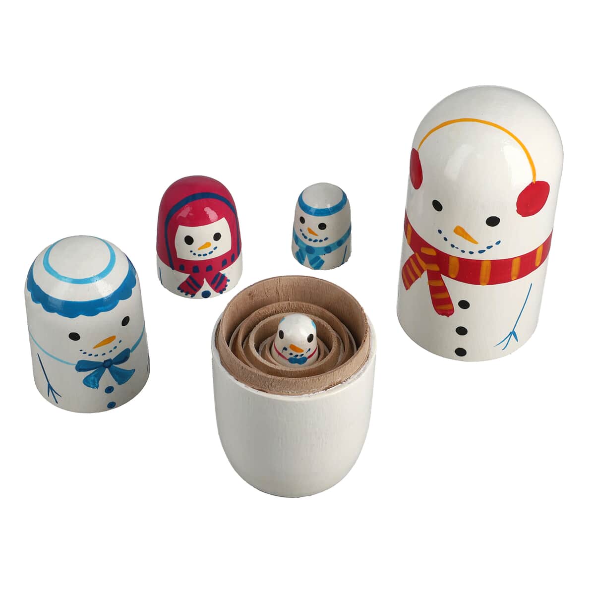 Set of 5 Multi Color Snowman Family Hand Painted Nesting Wooden Dolls image number 5