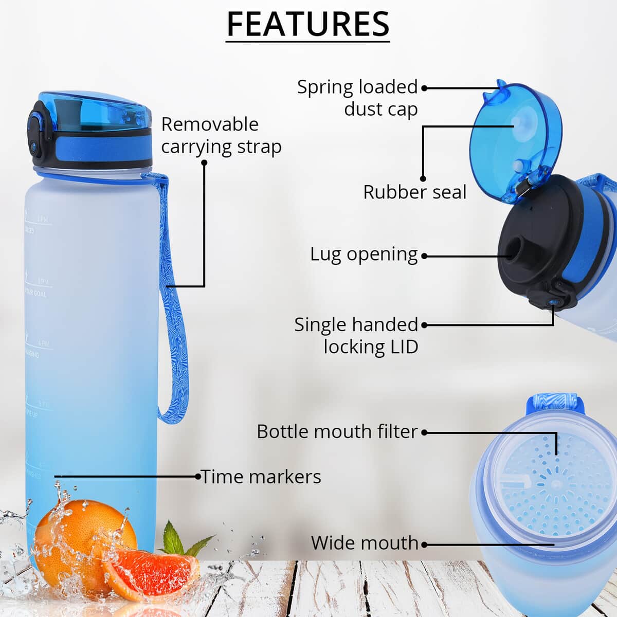 Blue Gradient Sport Water Bottle with Strap (1000 ml) image number 2