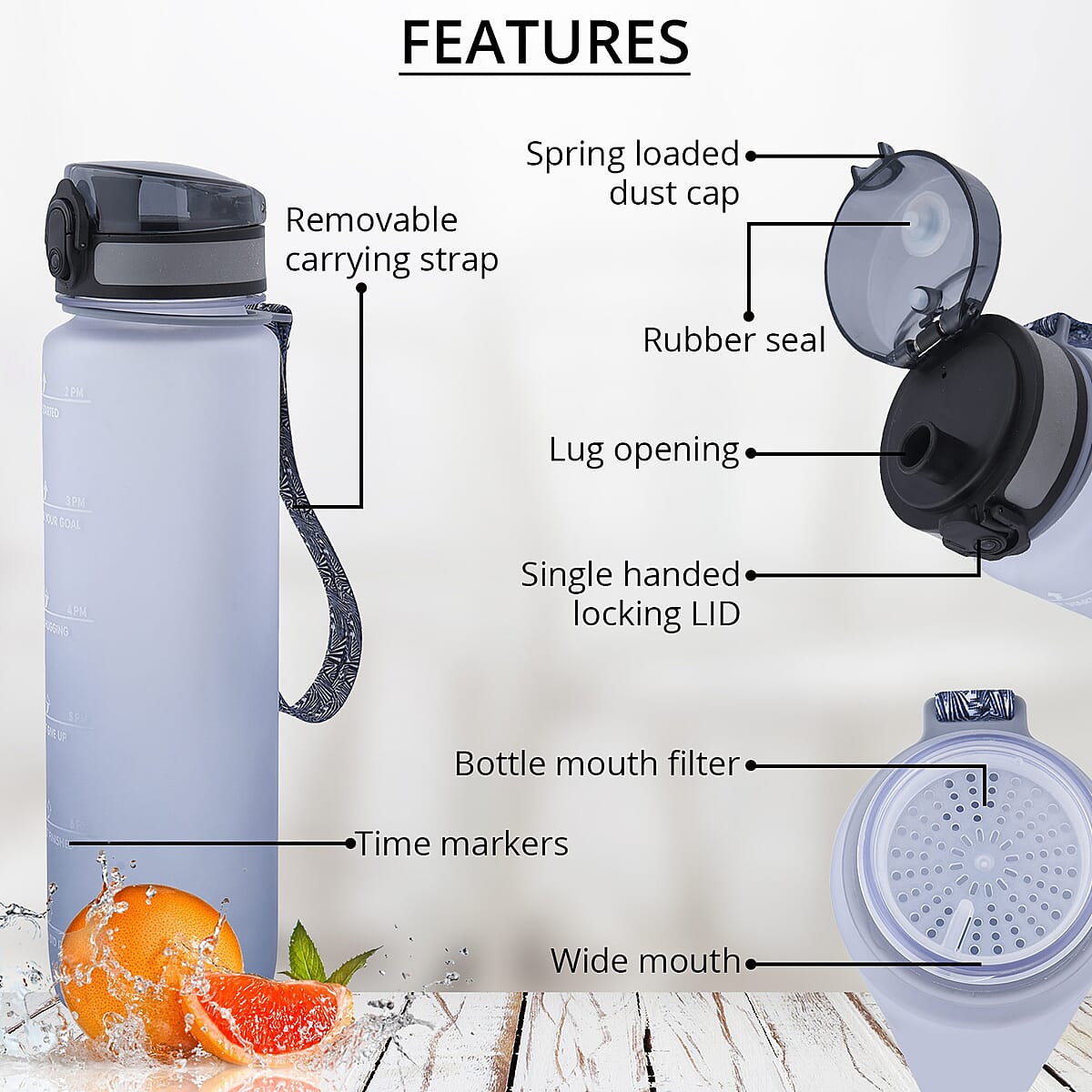 Gray Gradient Sport Water Bottle with Strap (1000 ml) image number 2