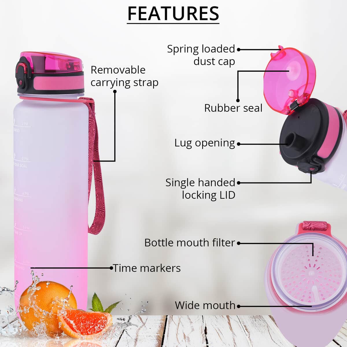 Pink Gradient Sport Water Bottle with Strap (1000 ml) image number 2