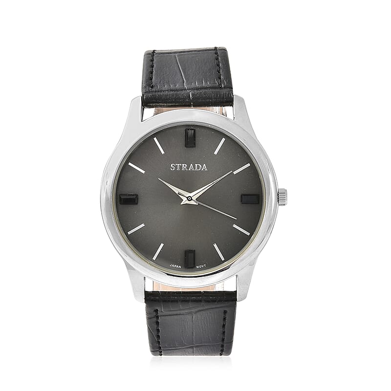 Strada Black Austrian Crystal Japanese Movement Watch with Black Faux Leather Band