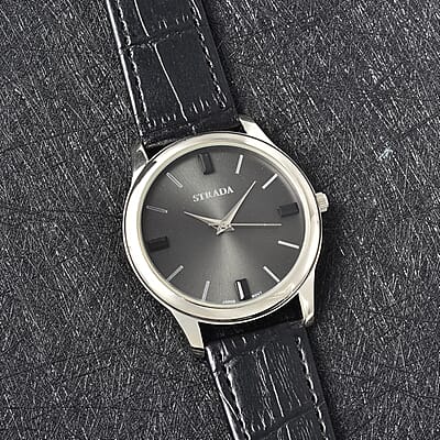 Strada Black Austrian Crystal Japanese Movement Watch with Black Faux Leather Band