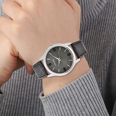 Strada Black Austrian Crystal Japanese Movement Watch with Black Faux Leather Band