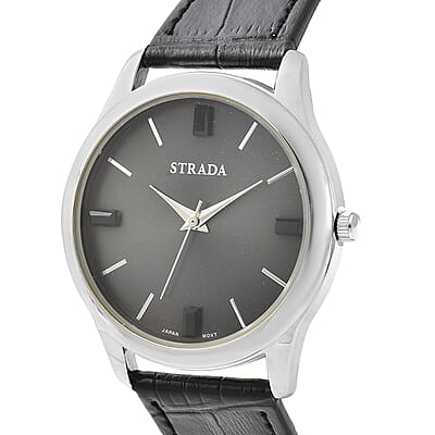 Strada Black Austrian Crystal Japanese Movement Watch with Black Faux Leather Band