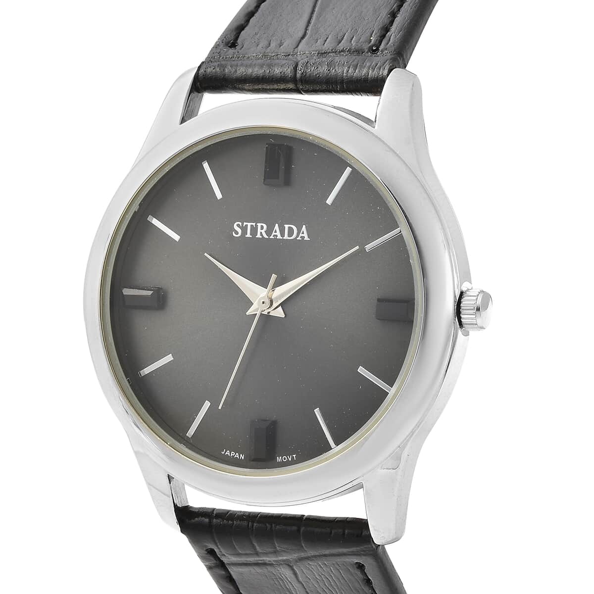 STRADA Black Austrian Crystal Japanese Movement Watch with Black Faux Leather Band image number 3