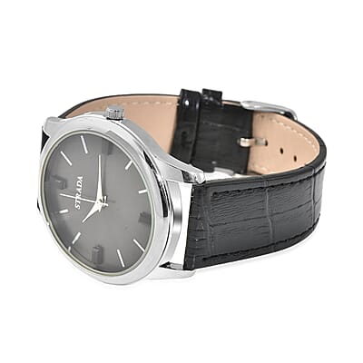 Strada Black Austrian Crystal Japanese Movement Watch with Black Faux Leather Band