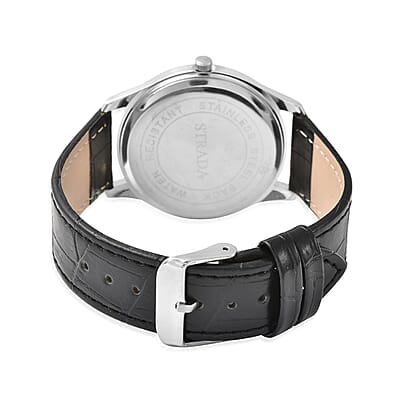 Strada Black Austrian Crystal Japanese Movement Watch with Black Faux Leather Band