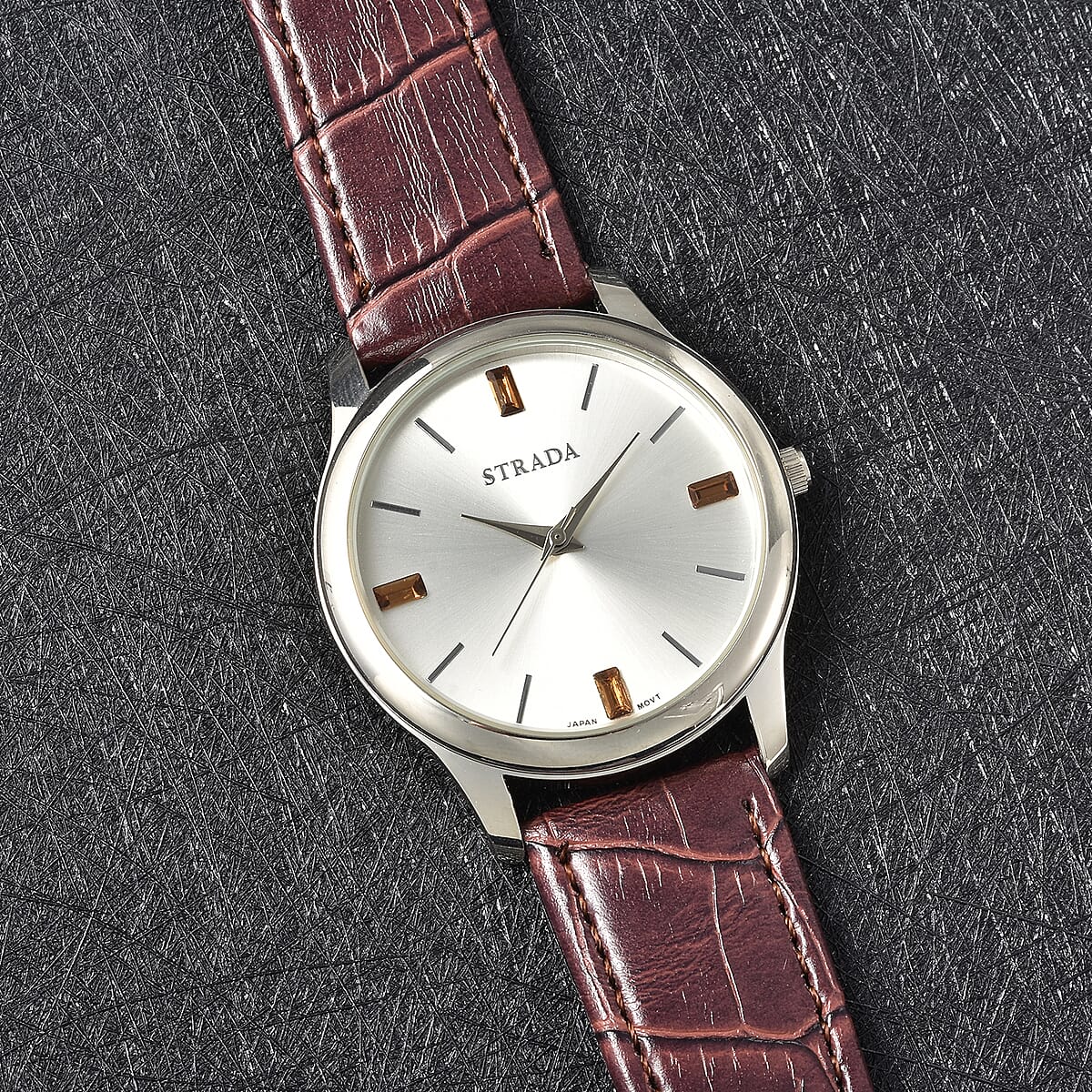 Strada Brown Austrian Crystal Japanese Movement Watch with Brown Faux Leather Band image number 1