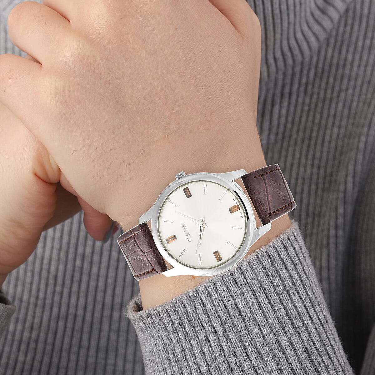 Strada Brown Austrian Crystal Japanese Movement Watch with Brown Faux Leather Band image number 2