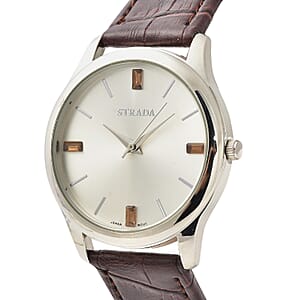 Strada Brown Austrian Crystal Japanese Movement Watch with Brown Faux Leather Band