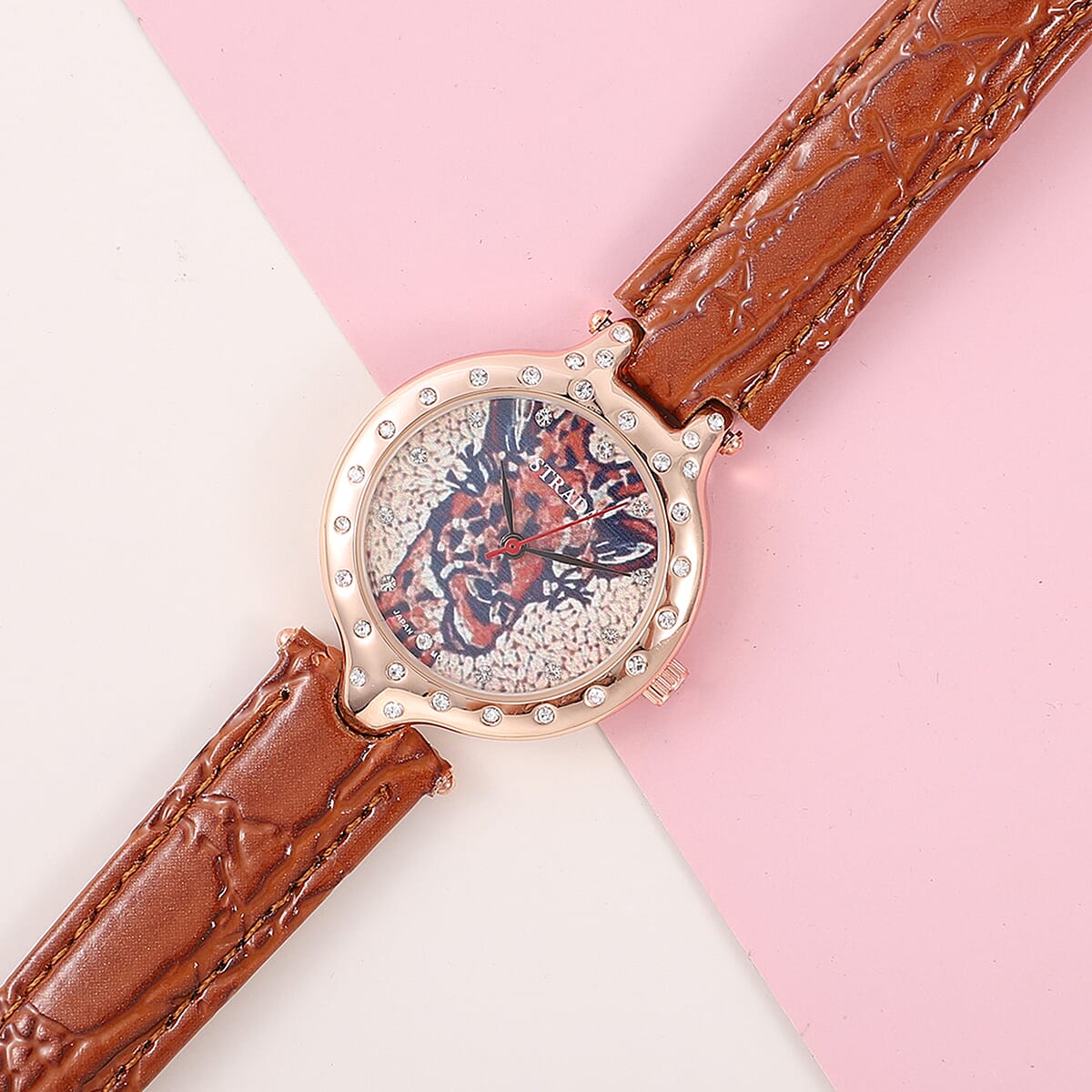 STRADA White Austrian Crystal Japanese Movement 3D Cat Pattern Watch with Purple Faux Leather Strap and Stainless Steel Back image number 1