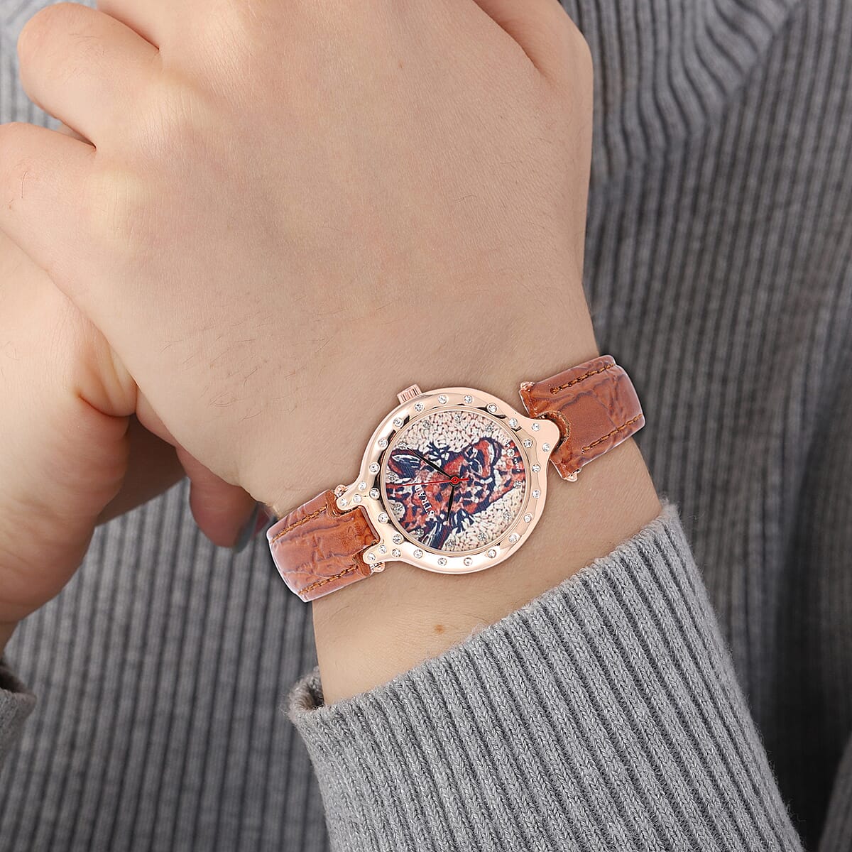 STRADA White Austrian Crystal Japanese Movement 3D Cat Pattern Watch with Purple Faux Leather Strap and Stainless Steel Back image number 2