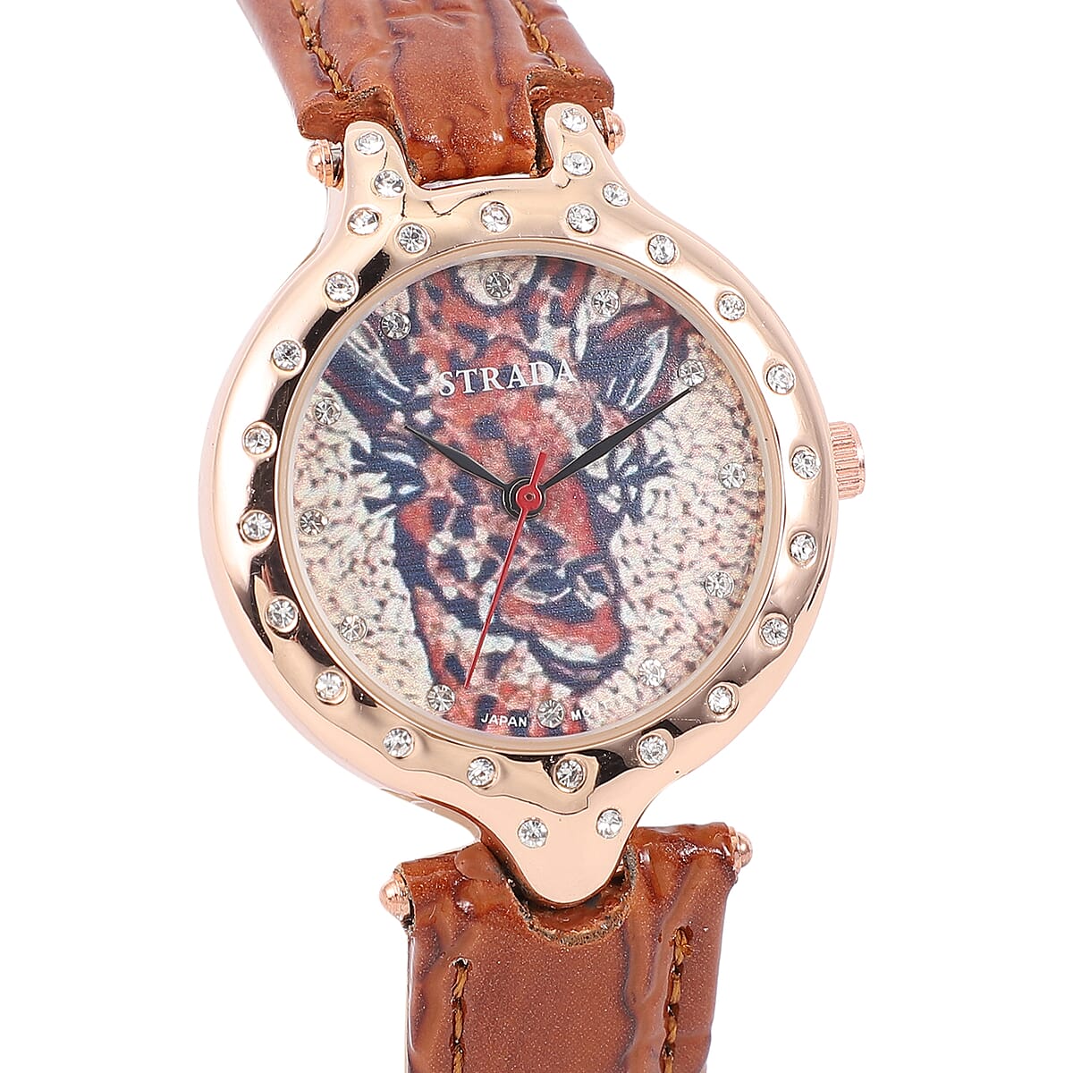 STRADA White Austrian Crystal Japanese Movement 3D Cat Pattern Watch with Purple Faux Leather Strap and Stainless Steel Back image number 3