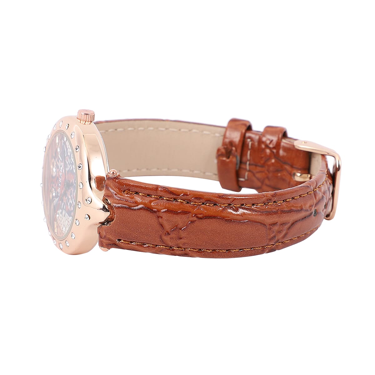 STRADA White Austrian Crystal Japanese Movement 3D Cat Pattern Watch with Purple Faux Leather Strap and Stainless Steel Back image number 4