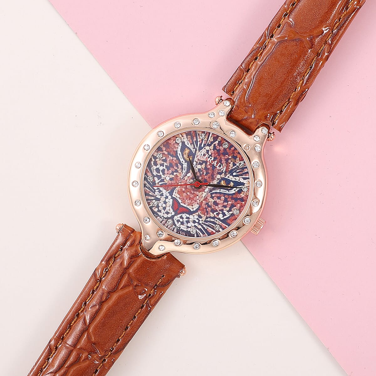 Strada White Austrian Crystal Japanese Movement 3D Leopard Pattern Watch with Brown Faux Leather Strap and Stainless Steel Back image number 1