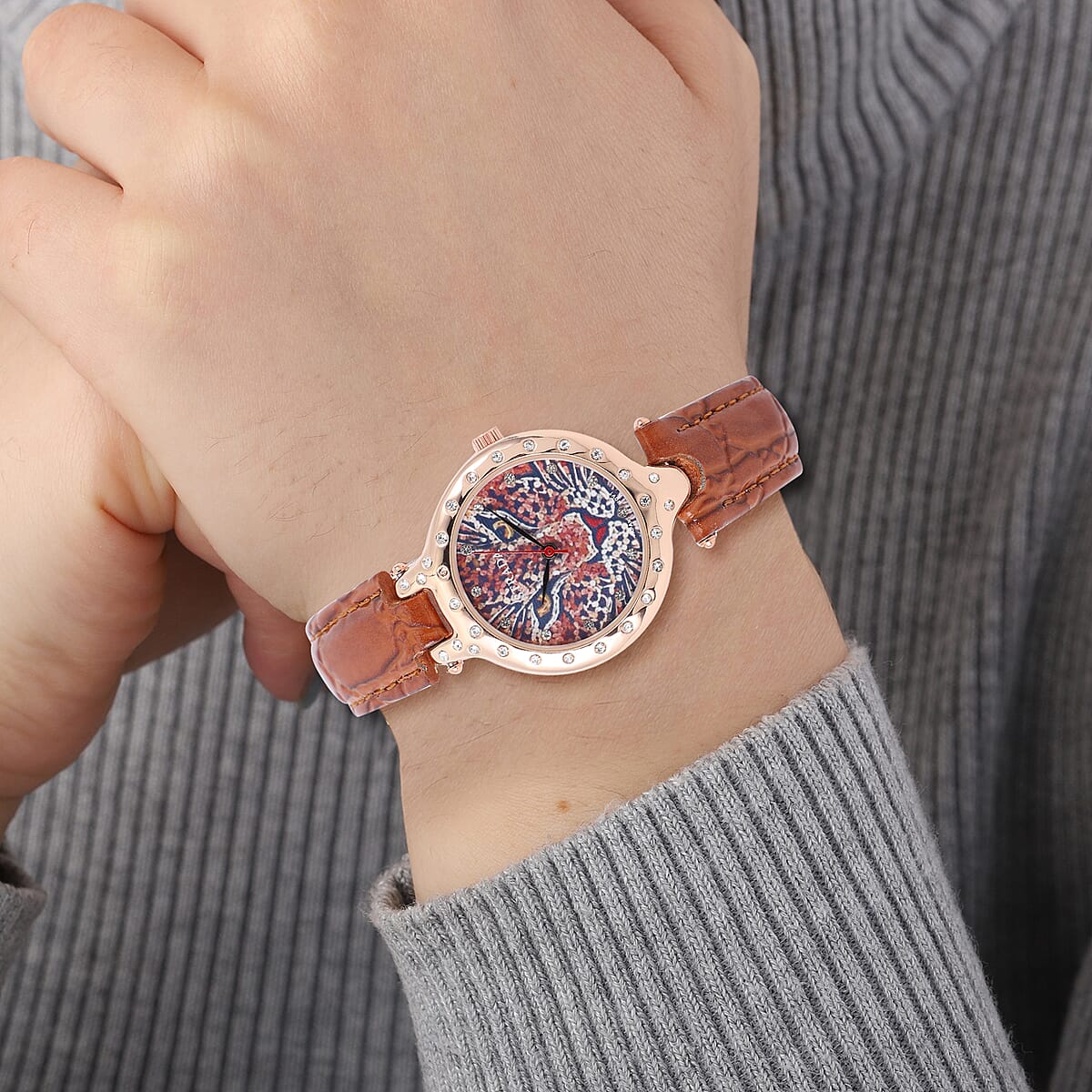 Strada White Austrian Crystal Japanese Movement 3D Leopard Pattern Watch with Brown Faux Leather Strap and Stainless Steel Back image number 2