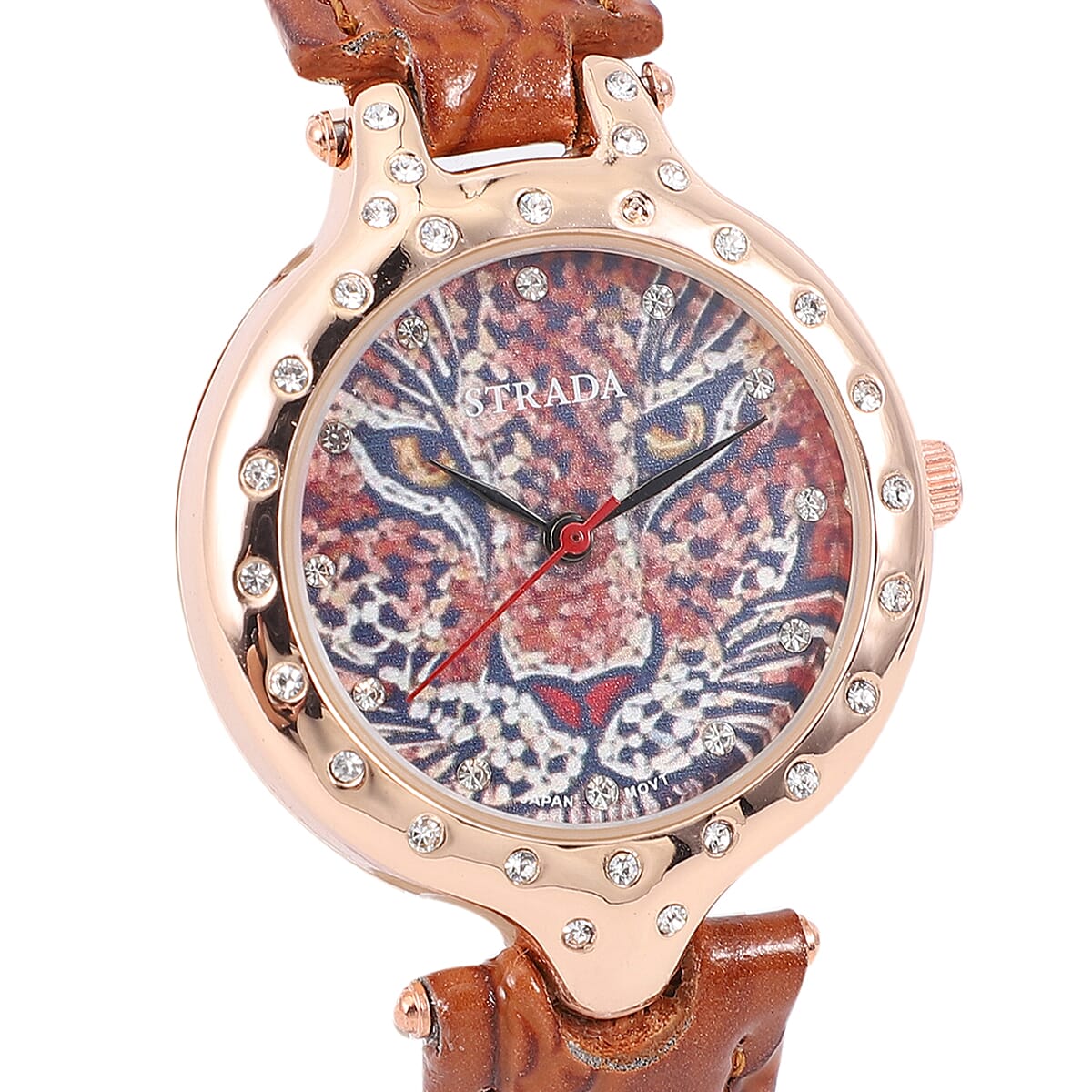 Strada White Austrian Crystal Japanese Movement 3D Leopard Pattern Watch with Brown Faux Leather Strap and Stainless Steel Back image number 3
