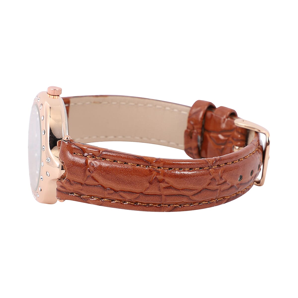 Strada White Austrian Crystal Japanese Movement 3D Leopard Pattern Watch with Brown Faux Leather Strap and Stainless Steel Back image number 4