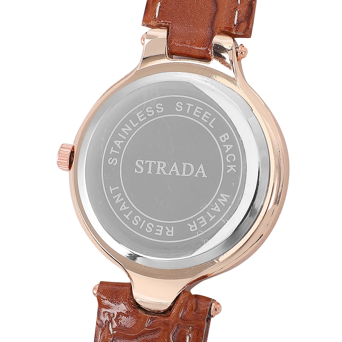 Strada White Austrian Crystal Japanese Movement 3D Leopard Pattern Watch with Brown Faux Leather Strap and Stainless Steel Back image number 5