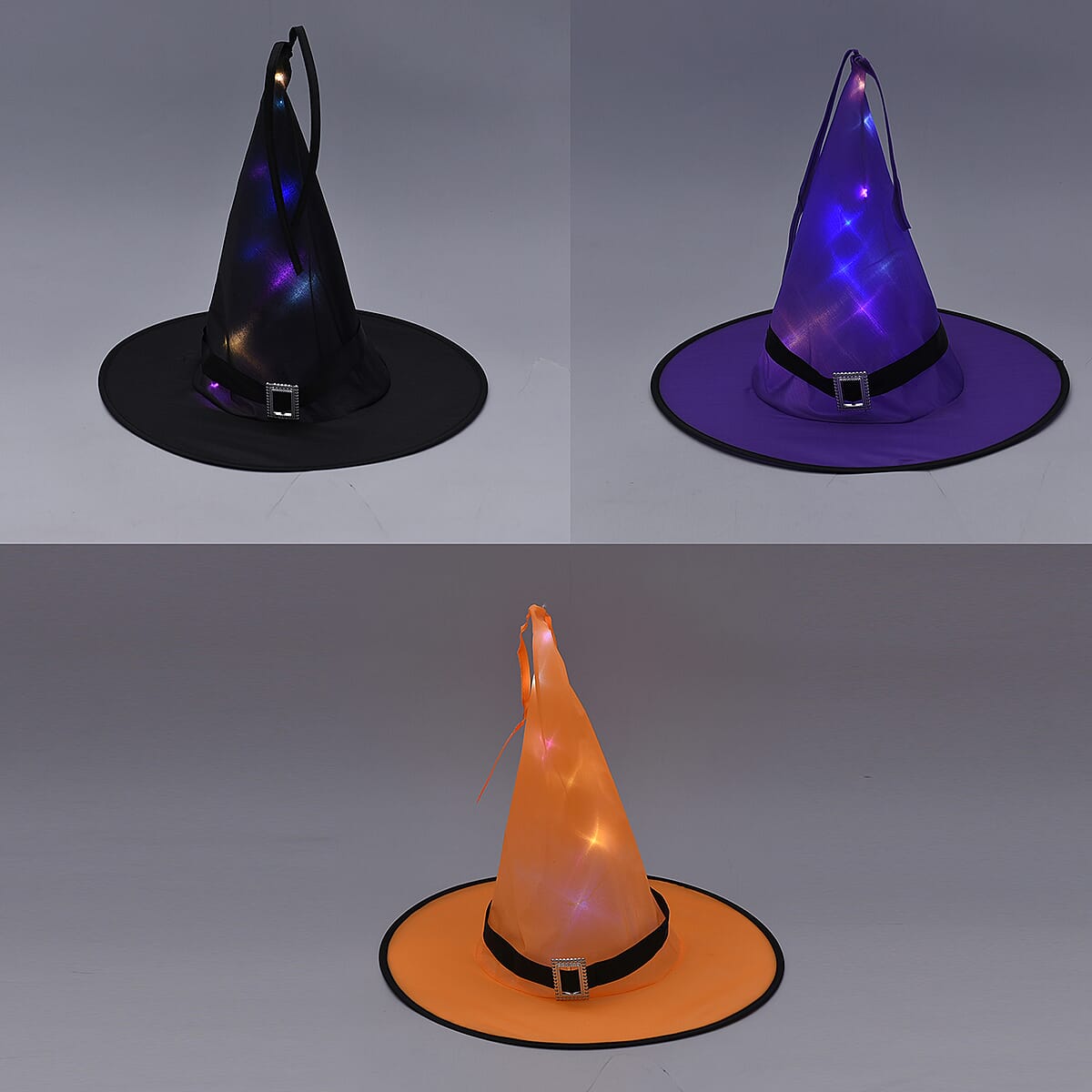 Purple, Black, Orange Set of 3 LED Witch Hat image number 1