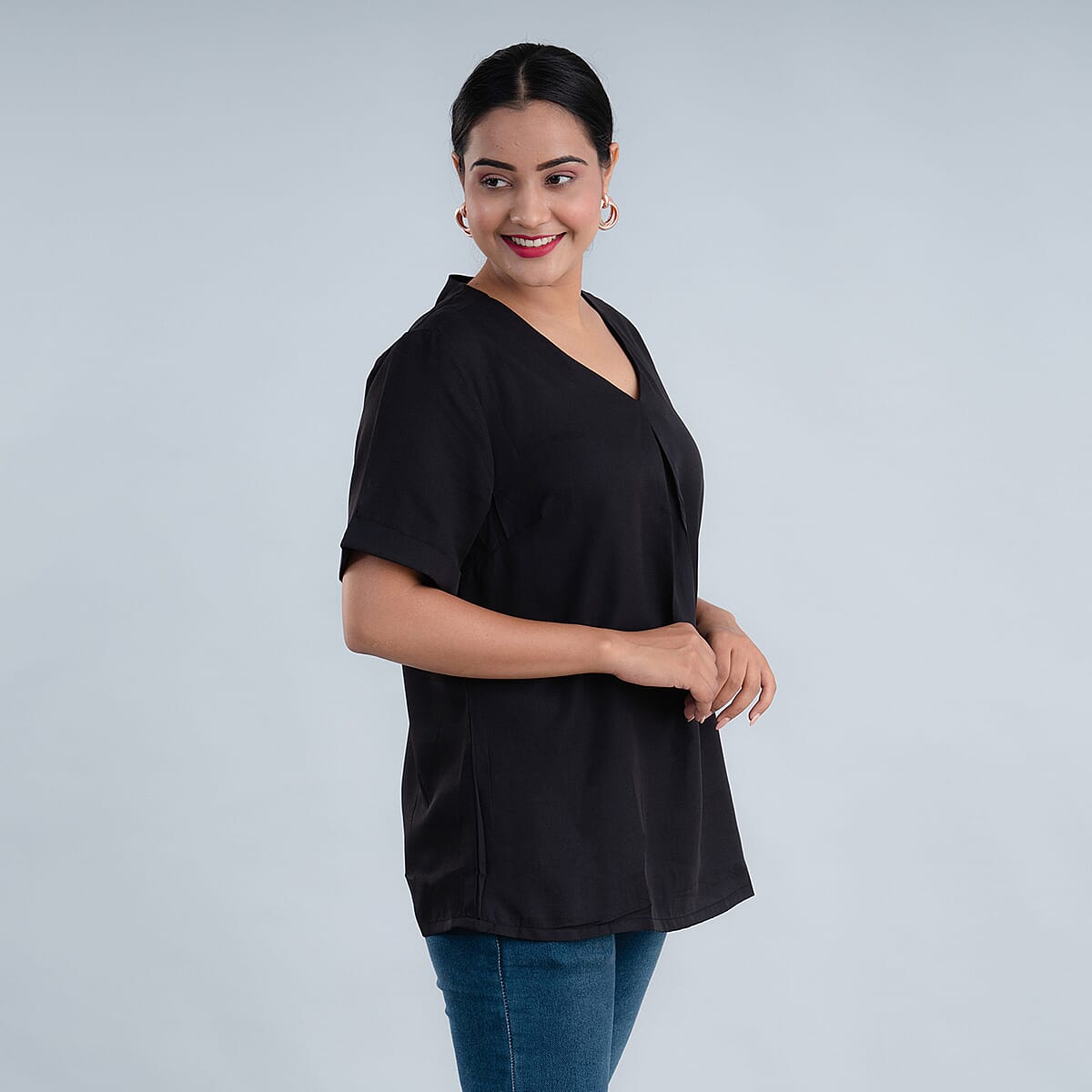 Tamsy Black 100% American Crepe V-neck Top - XL image number 2