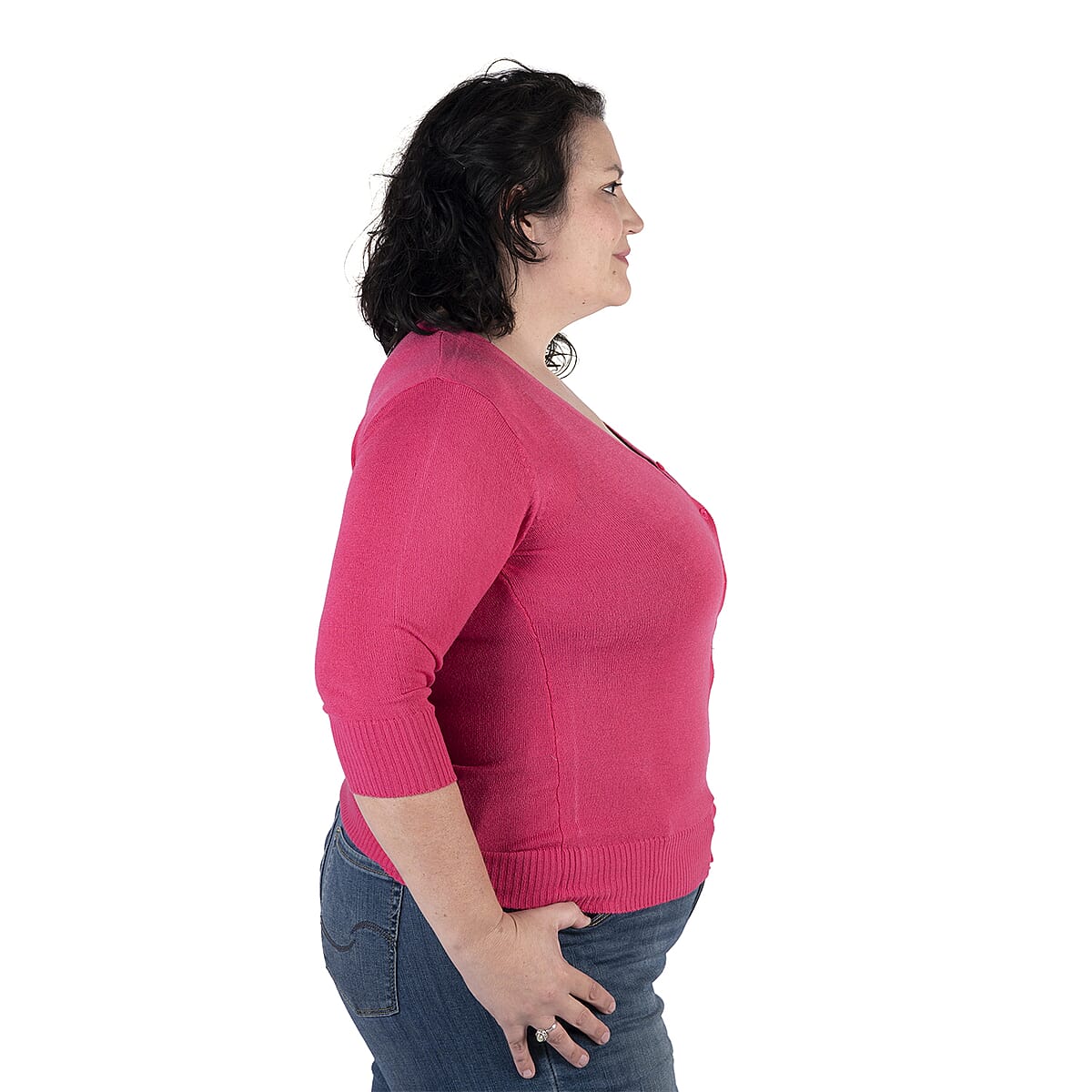 Pink Button-up Basic 3/4 Sleeve Cardigan (L, 100% Acrylic) image number 2