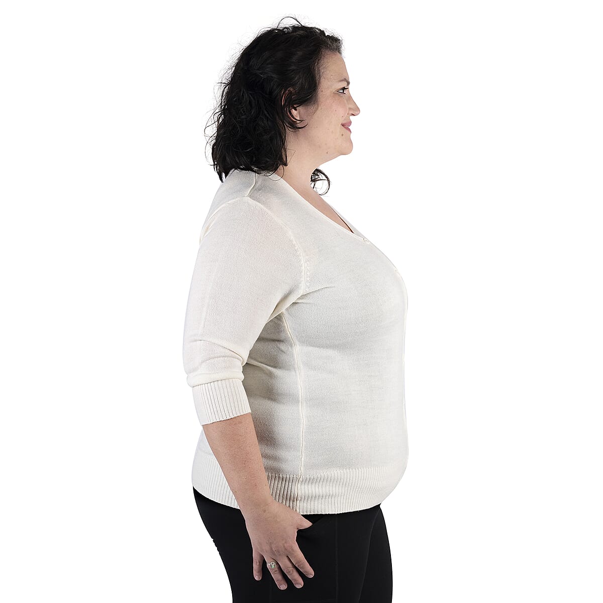 White Button-up Basic 3/4 Sleeve Cardigan (3X, 100% Acrylic) image number 2