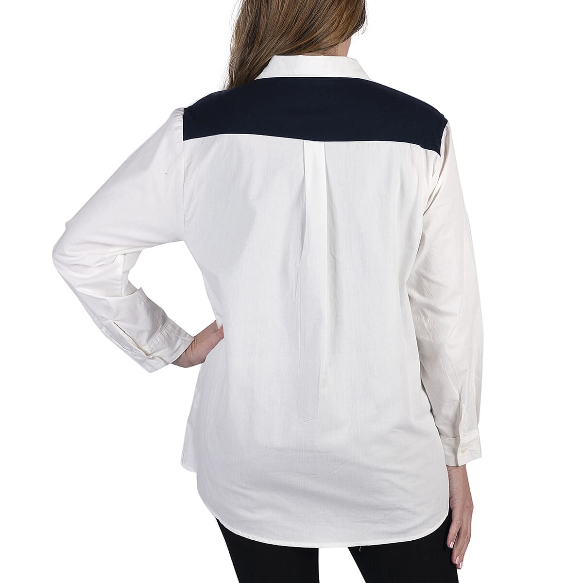 White Cotton Woven Button-up Shirt with Attached Scarf - M image number 1