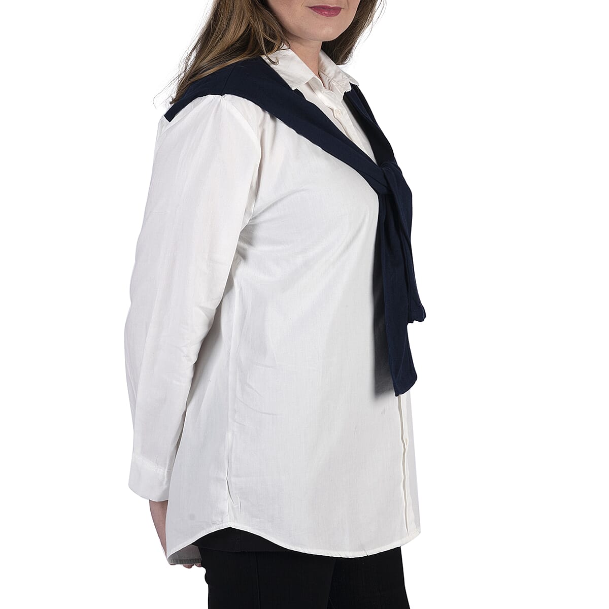 White Cotton Woven Button-up Shirt with Attached Scarf - M image number 2