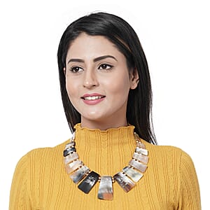 Brown Genuine Buffalo Horn Graduated Trapezoid, Statement Piece, Cotton Cord and Goldtone Necklace (20 Inches)