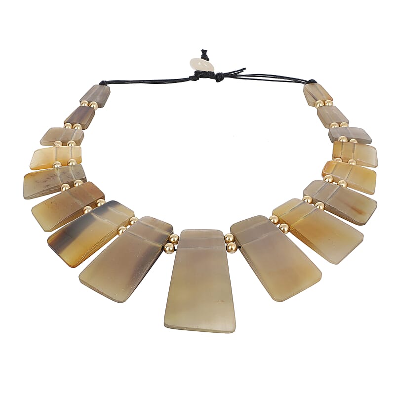 Genuine Buffalo Horn Graduated Trapezoid Statement Piece, Cotton Cord and Goldtone Necklace (20 Inches)