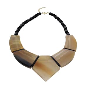 Light Brown 100% Genuine Buffalo Horn, Wooden Beaded and Goldtone Necklace 20 Inches