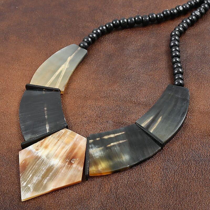 Dark Brown Genuine Buffalo Horn, Wooden Beaded and Necklace 20 Inches in Goldtone