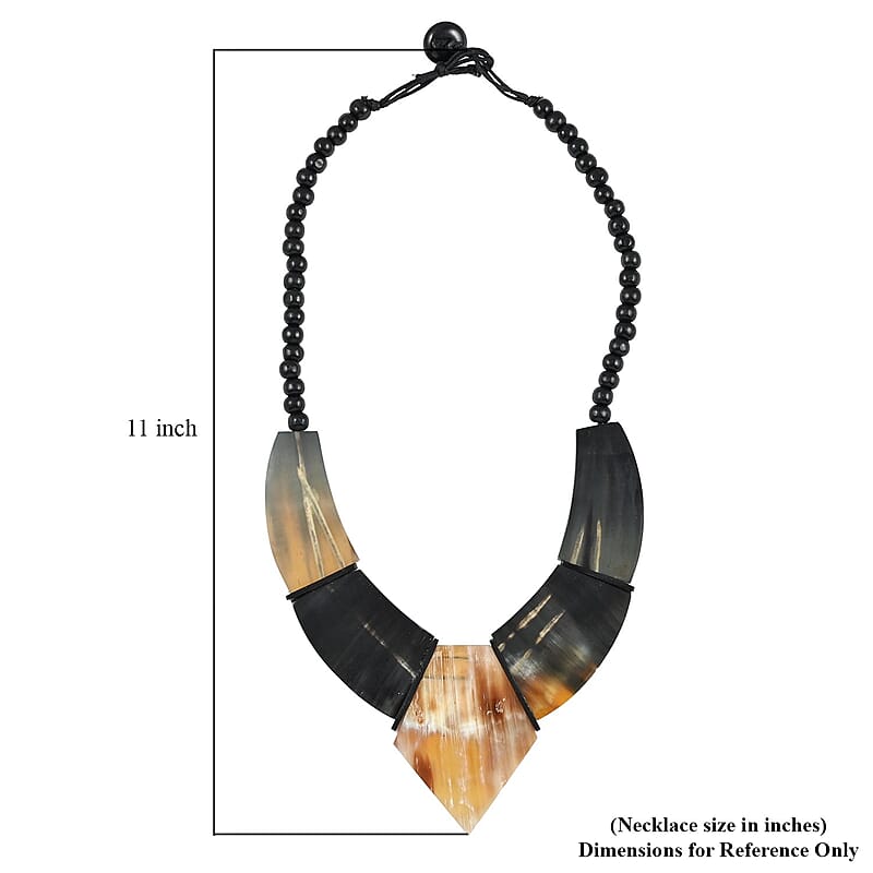 Dark Brown Genuine Buffalo Horn, Wooden Beaded and Necklace 20 Inches in Goldtone