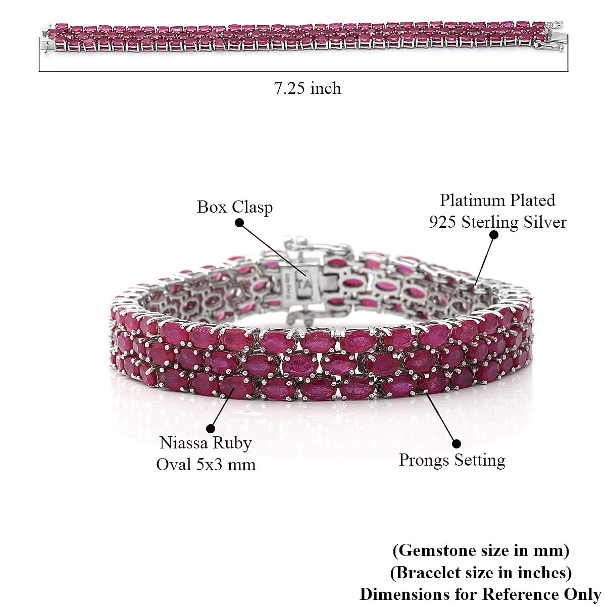 Niassa Ruby (FF) Triple Row Bracelet in Platinum Over Sterling Silver (7.25 In) 33.65 ctw image number 2