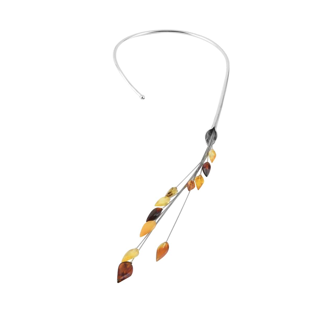 Baltic Amber Floral Leaf Asymmetrical Collar Necklace in Sterling Silver 16 Inches image number 0