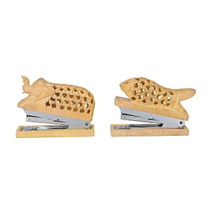 Handcarved Set of 2 Elephant & Fish Stapler